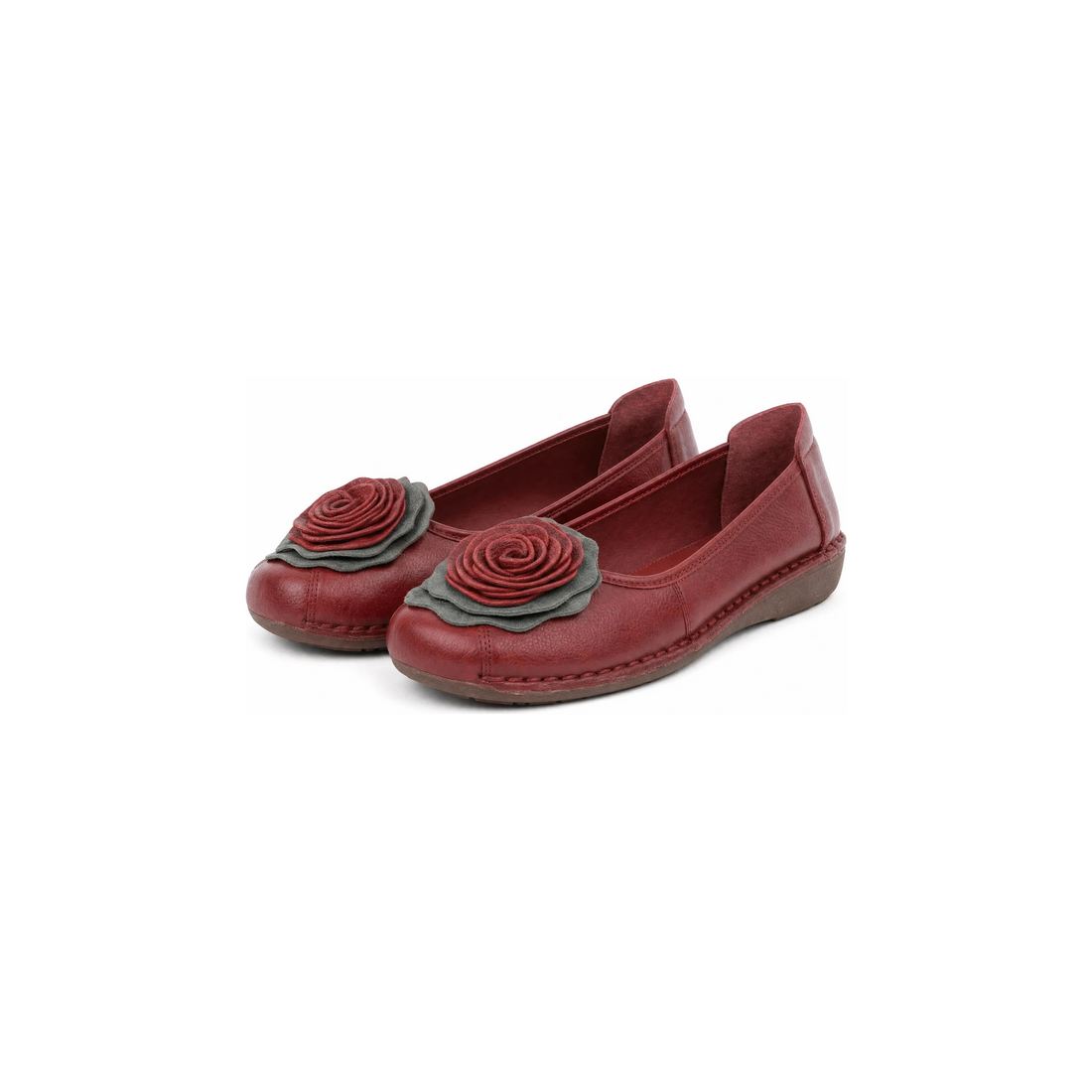 Bellora Floral Loafers, red leather ballet flats with rosette detail, product shot