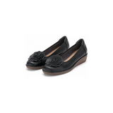 Bellora Floral Loafers, black leather ballet flats with rosette detail, product shot