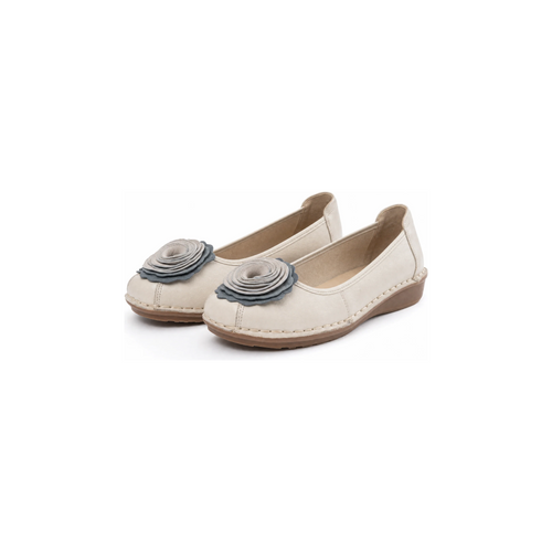 Bellora Floral Loafers, cream leather ballet flats with rosette detail, product shot